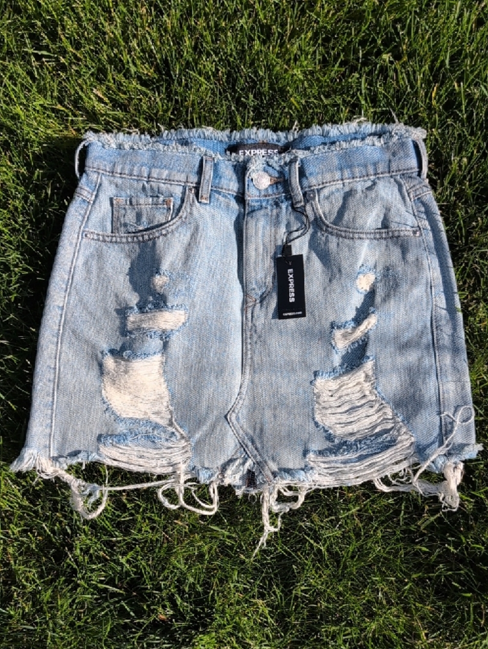 EXPRESS Light Blue Distressed Frayed Denim Skirt